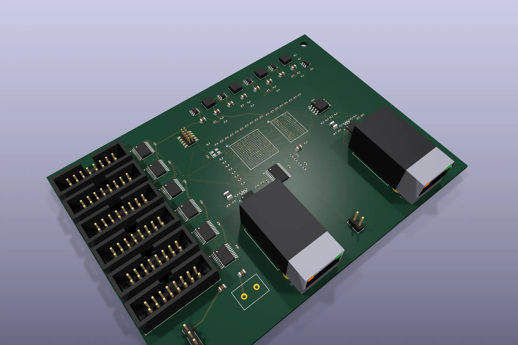 R-H75 integrated receiver PCB engineering render with sixteen HUB75 outputs